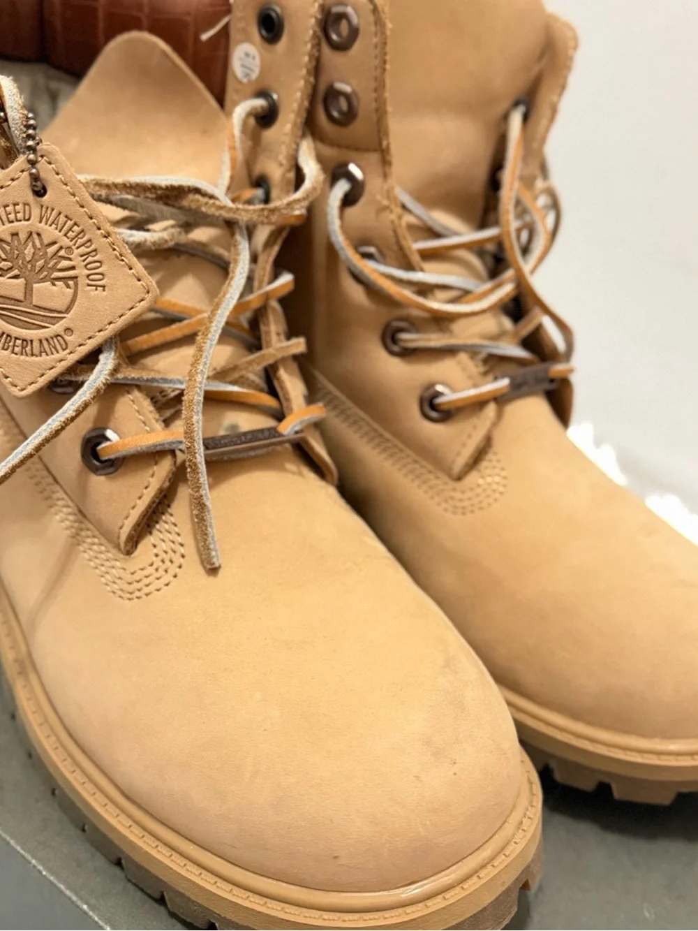 Timberland Wheat Nubuck Lace-Up Work Boots with Brown Collar